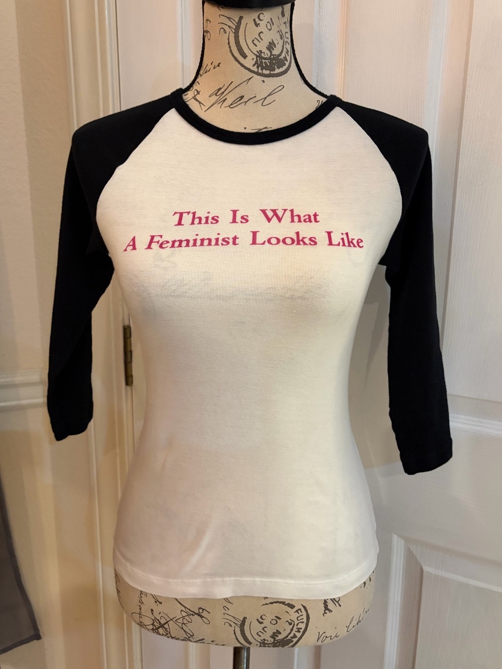 Vintage American Apparel White & Black Raglan Tee w/Feminist Slogan